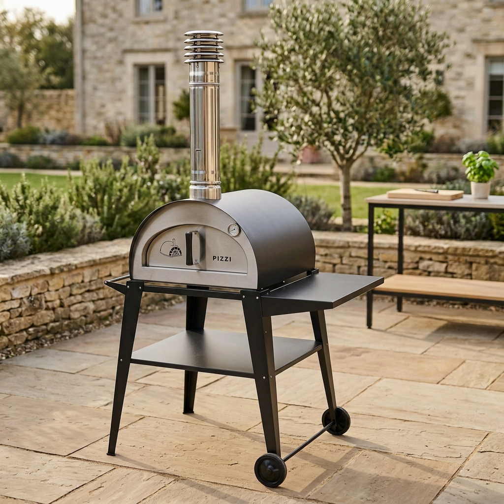 Pizzi pizza oven with its door closed in the outdoor terrace setting