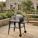 Pizzi pizza oven with its door closed in the outdoor terrace setting