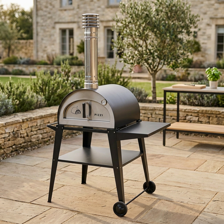Pizzi pizza oven with its door closed in the outdoor terrace setting