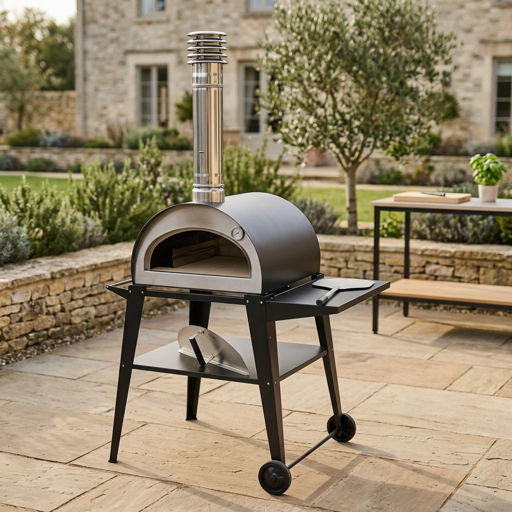 Pizzi wood-fired pizza oven styled on a natural stone garden terrace