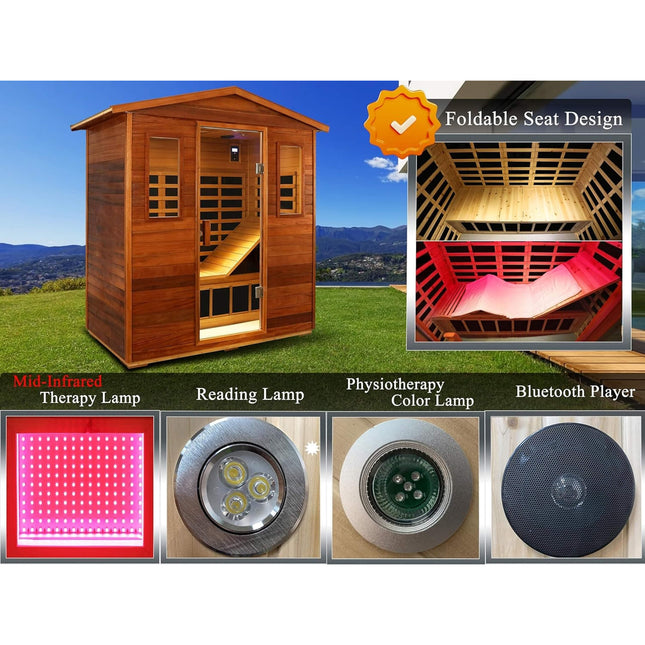 Thermora Vanta Luxury 3-Person Outdoor Mahogany Full Spectrum Ultra-Low EMF FAR Infrared Sauna with Chromotherapy and Bluetooth Speakers - Infrared Saunas | Patioza