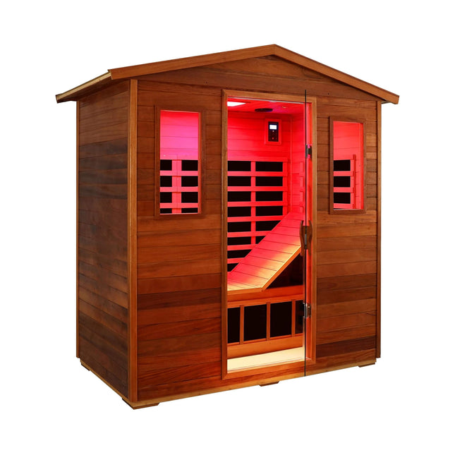 Thermora Vanta Luxury 3-Person Outdoor Mahogany Full Spectrum Ultra-Low EMF FAR Infrared Sauna with Chromotherapy and Bluetooth Speakers - Infrared Saunas | Patioza