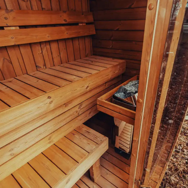 Premium 3-Person Outdoor Scandinavian ThermoWood Cube Sauna Kit With LED Lighting (SAK47582) - Saunas | Patioza