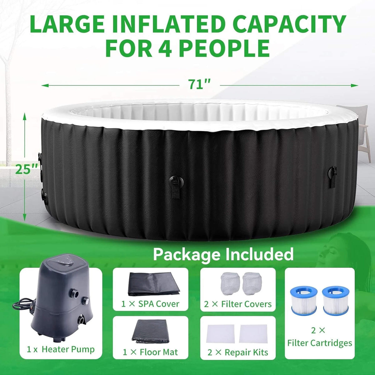 Premium Large 4-Person Inflatable Hot Tub Kit with 8-Color LED Lights - Hot Tubs | Patioza
