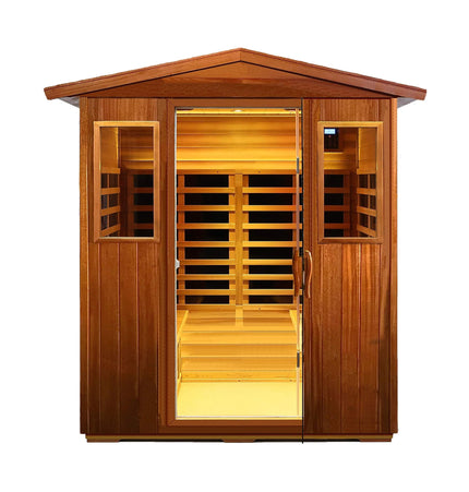 Thermora Moretti 4-Person Outdoor Mahogany Full Spectrum Ultra-Low EMF FAR Infrared Sauna with Chromotherapy and Bluetooth Speakers - Infrared Saunas | Patioza