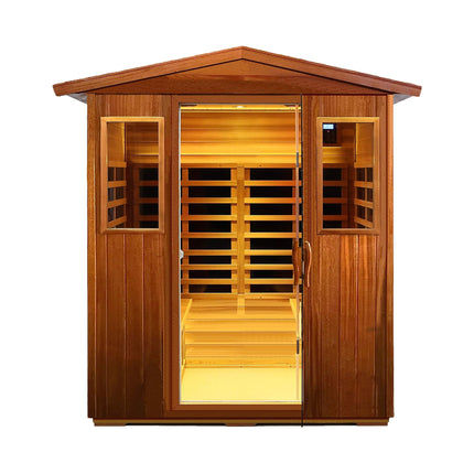 Thermora Moretti 4-Person Outdoor Mahogany Full Spectrum Ultra-Low EMF FAR Infrared Sauna with Chromotherapy and Bluetooth Speakers - Infrared Saunas | Patioza