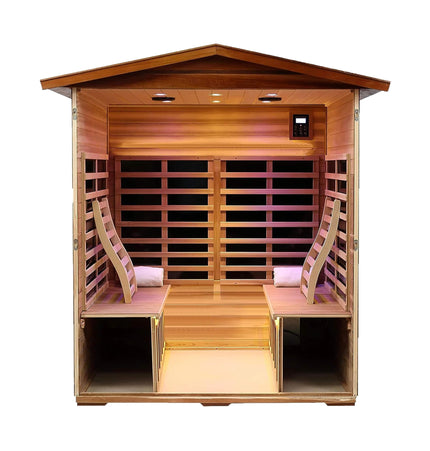 Thermora Moretti 4-Person Outdoor Mahogany Full Spectrum Ultra-Low EMF FAR Infrared Sauna with Chromotherapy and Bluetooth Speakers - Infrared Saunas | Patioza