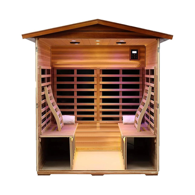 Thermora Moretti 4-Person Outdoor Mahogany Full Spectrum Ultra-Low EMF FAR Infrared Sauna with Chromotherapy and Bluetooth Speakers - Infrared Saunas | Patioza