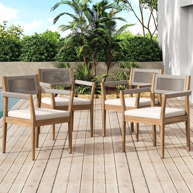 Alora Premium 5-Piece Outdoor Acacia Wood Patio Furniture Set With Braided Dining Chairs, Cushions, And Dining Table (SAK26754) - Outdoor Furniture Sets | Patioza