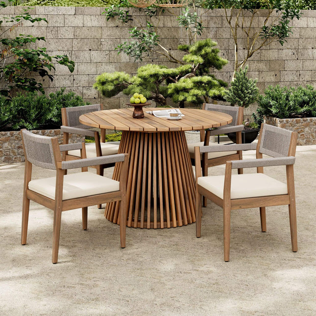 Alora Premium 5-Piece Outdoor Acacia Wood Patio Furniture Set With Braided Dining Chairs, Cushions, And Dining Table (SAK26754) - Outdoor Furniture Sets | Patioza