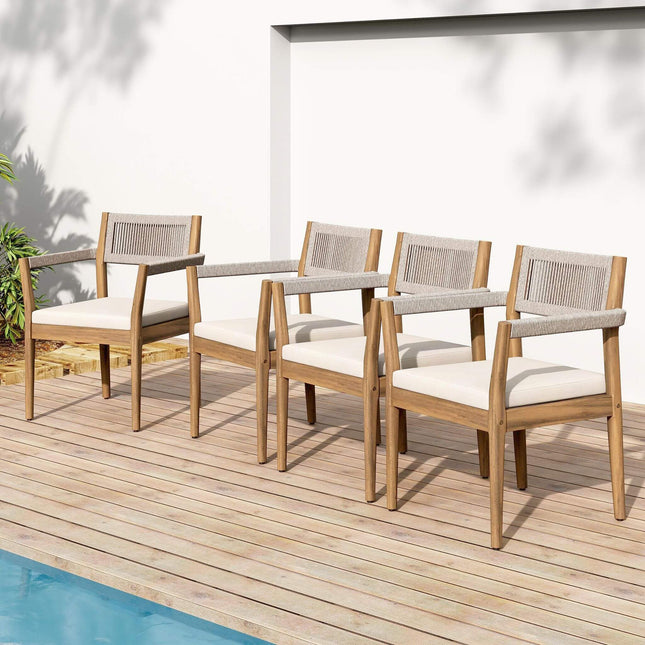 Alora Premium 5-Piece Outdoor Acacia Wood Patio Furniture Set With Braided Dining Chairs, Cushions, And Dining Table (SAK26754) - Outdoor Furniture Sets | Patioza