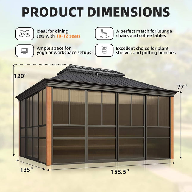 Alora Solstice Premium All - Season Outdoor Wood Grain Sunroom With Sliding Doors And Double Top Roof (SAK58317) - Sunrooms | Patioza