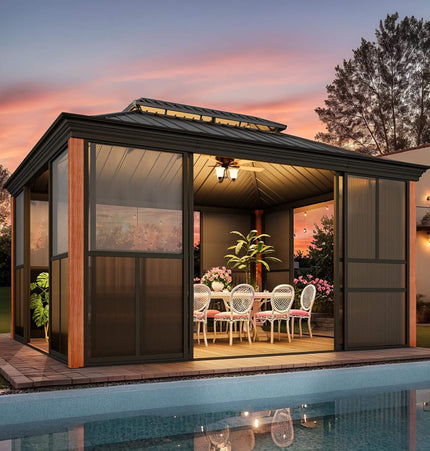 Alora Solstice Premium All - Season Outdoor Wood Grain Sunroom With Sliding Doors And Double Top Roof (SAK58317) - Sunrooms | Patioza