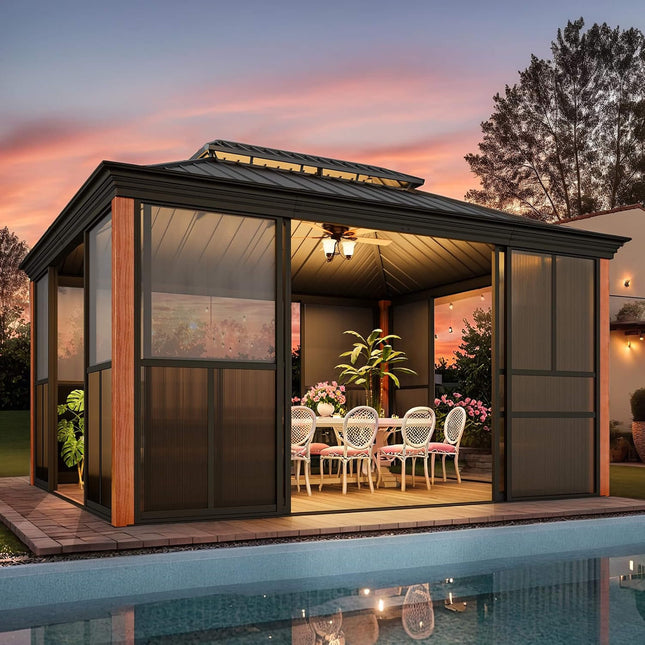 Alora Solstice Premium All - Season Outdoor Wood Grain Sunroom With Sliding Doors And Double Top Roof (SAK58317) - Sunrooms | Patioza