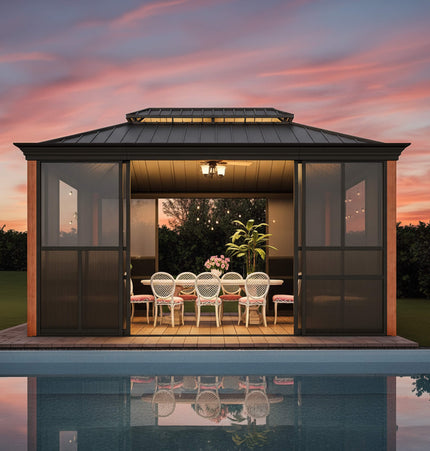 Alora Solstice Premium All - Season Outdoor Wood Grain Sunroom With Sliding Doors And Double Top Roof (SAK58317) - Sunrooms | Patioza