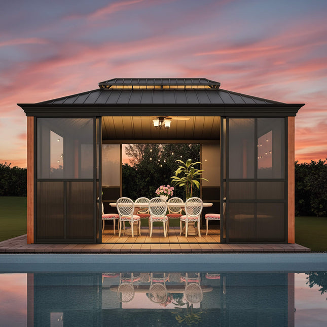 Alora Solstice Premium All - Season Outdoor Wood Grain Sunroom With Sliding Doors And Double Top Roof (SAK58317) - Sunrooms | Patioza