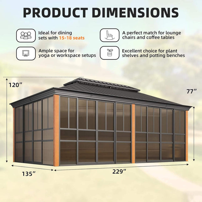 Alora Solstice Premium All - Season Outdoor Wood Grain Sunroom With Sliding Doors And Double Top Roof (SAK58317) - Sunrooms | Patioza