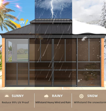 Alora Solstice Premium All - Season Outdoor Wood Grain Sunroom With Sliding Doors And Double Top Roof (SAK58317) - Sunrooms | Patioza