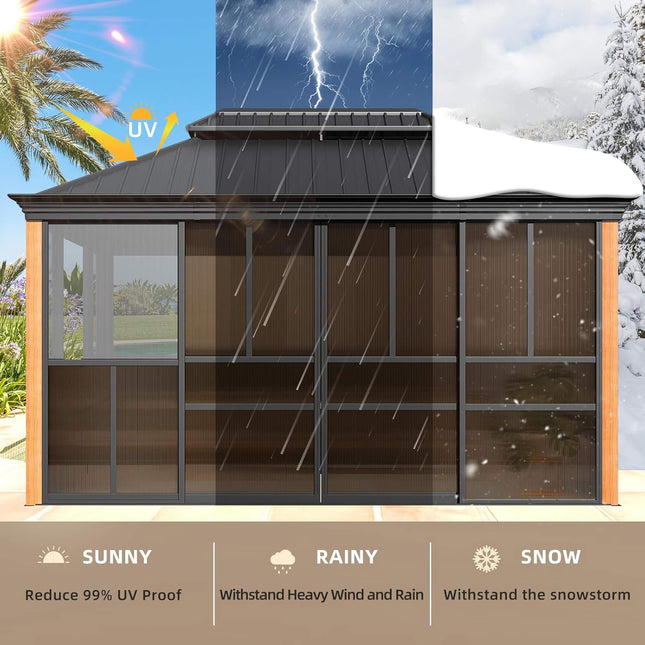 Alora Solstice Premium All - Season Outdoor Wood Grain Sunroom With Sliding Doors And Double Top Roof (SAK58317) - Sunrooms | Patioza