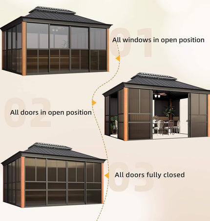 Alora Solstice Premium All - Season Outdoor Wood Grain Sunroom With Sliding Doors And Double Top Roof (SAK58317) - Sunrooms | Patioza