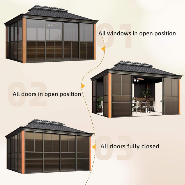 Alora Solstice Premium All - Season Outdoor Wood Grain Sunroom With Sliding Doors And Double Top Roof (SAK58317) - Sunrooms | Patioza