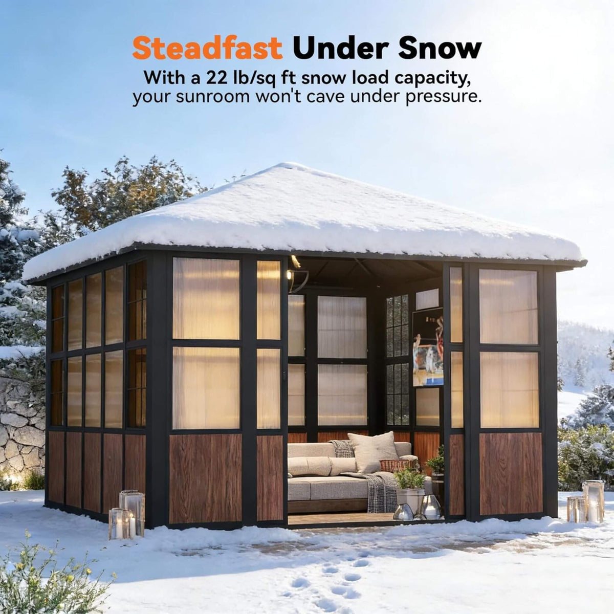 Alora Premium Hardtop Aluminum Sunroom Solarium With TV Mount And Sliding Doors (SAK60439) - Gazebos | Patioza