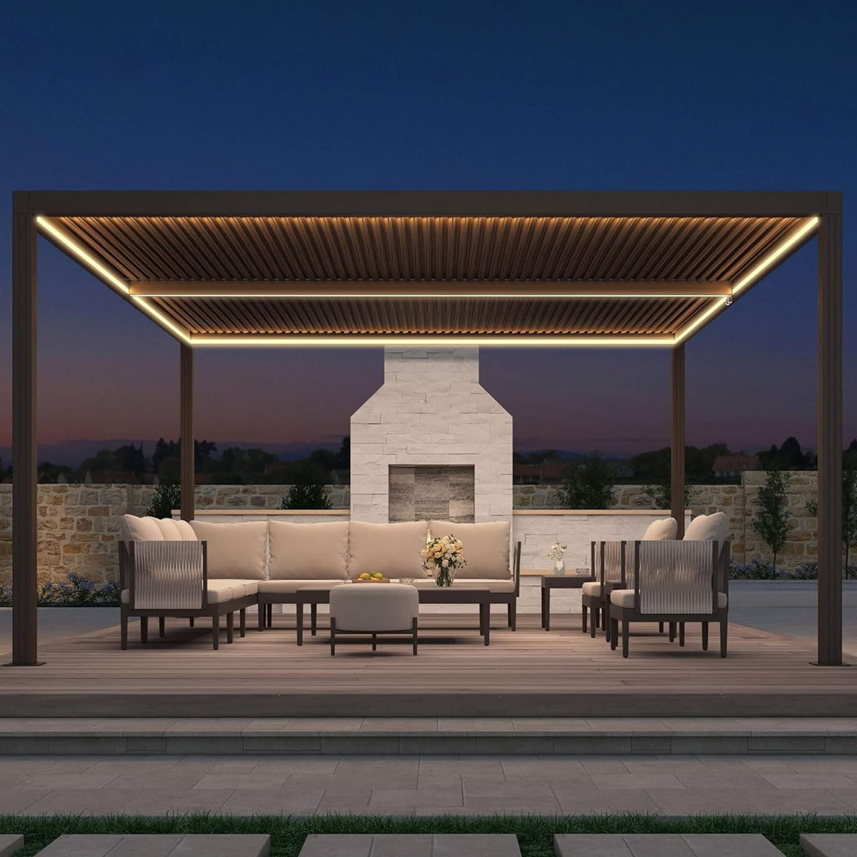 Alora Premium Outdoor Aluminum Louvered Patio Pergola With LED Lights [PERGOLA ONLY] (SAK24896) - Pergolas | Patioza