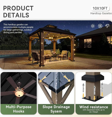 Alora Premium Outdoor Cedar Wood Galvanized Steel Hardtop Gazebo (SAK23907) - Canopies & Gazebos | Patioza