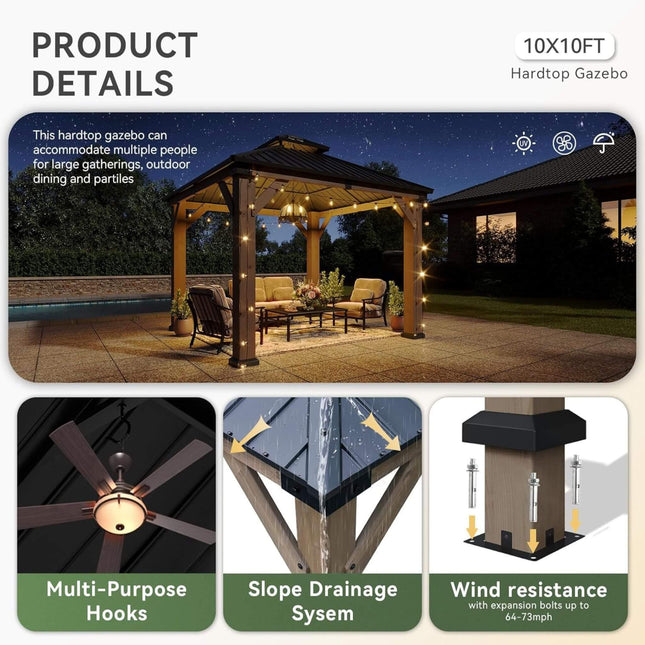 Alora Premium Outdoor Cedar Wood Galvanized Steel Hardtop Gazebo (SAK23907) - Canopies & Gazebos | Patioza