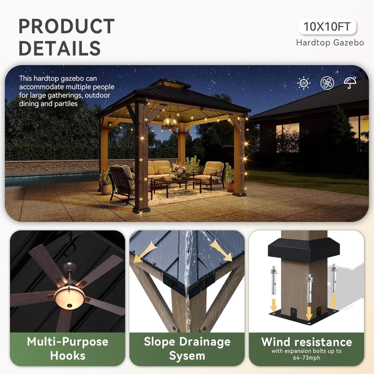 Alora Premium Outdoor Cedar Wood Galvanized Steel Hardtop Gazebo (SAK23907) - Canopies & Gazebos | Patioza