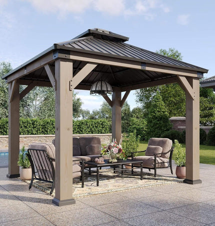 Alora Premium Outdoor Cedar Wood Galvanized Steel Hardtop Gazebo (SAK23907) - Canopies & Gazebos | Patioza