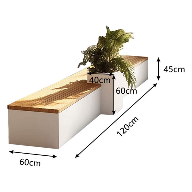 Premium Outdoor Industrial Metal Garden Bench With Wooden Seat And Planter [Made To Order] (SAK83951) - Potting Benches & Tables | Patioza