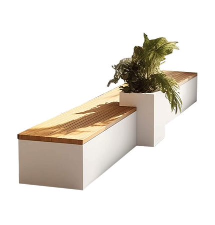 Premium Outdoor Industrial Metal Garden Bench With Wooden Seat And Planter [Made To Order] (SAK83951) - Potting Benches & Tables | Patioza