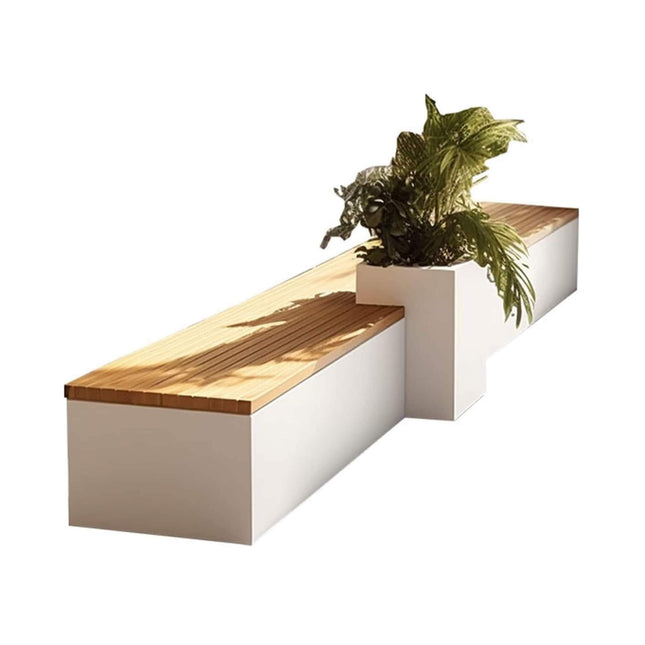 Premium Outdoor Industrial Metal Garden Bench With Wooden Seat And Planter [Made To Order] (SAK83951) - Potting Benches & Tables | Patioza
