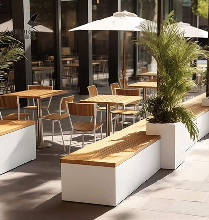 Premium Outdoor Industrial Metal Garden Bench With Wooden Seat And Planter [Made To Order] (SAK83951) - Potting Benches & Tables | Patioza