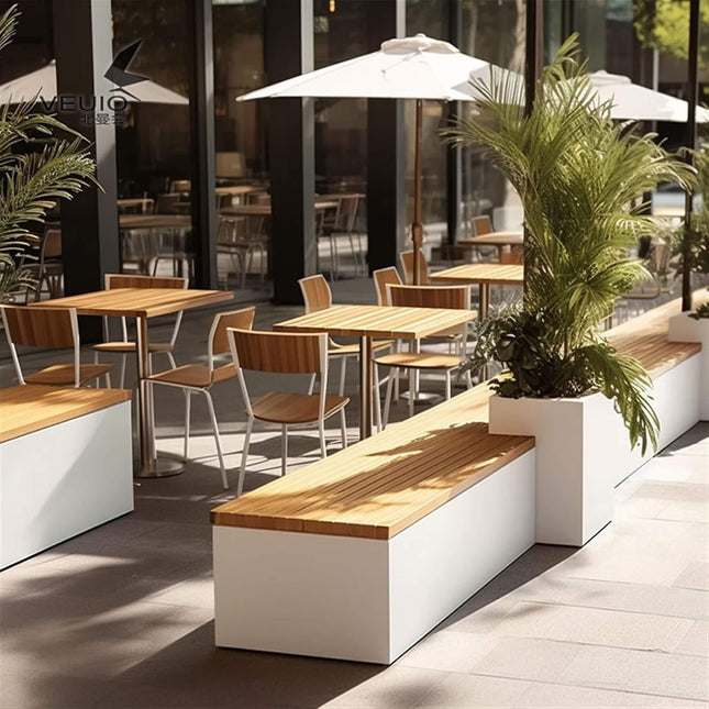 Premium Outdoor Industrial Metal Garden Bench With Wooden Seat And Planter [Made To Order] (SAK83951) - Potting Benches & Tables | Patioza
