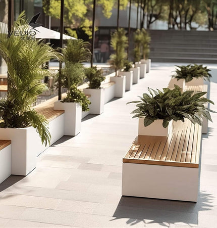 Premium Outdoor Industrial Metal Garden Bench With Wooden Seat And Planter [Made To Order] (SAK83951) - Potting Benches & Tables | Patioza