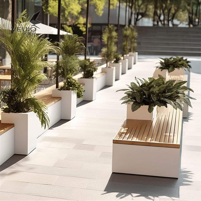 Premium Outdoor Industrial Metal Garden Bench With Wooden Seat And Planter [Made To Order] (SAK83951) - Potting Benches & Tables | Patioza