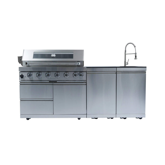 Castelle Flame Tuscany Outdoor BBQ Liquid Propane Kitchen Grill Island With 43-Inch 6-Burner 85K BTU Propane Gas Grill, Rotisserie Kit, And Storage Cabinets (SAK95623) - Outdoor Kitchen Islands | Patioza