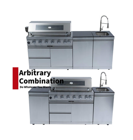 Castelle Flame Valmont 43-Inch 6-Burner 85K BTU Outdoor BBQ Kitchen Grill Island With Granite Countertops, Rotisserie Kit, Cabinets, And Sink (SAK73518) - Outdoor Kitchen Islands | Patioza