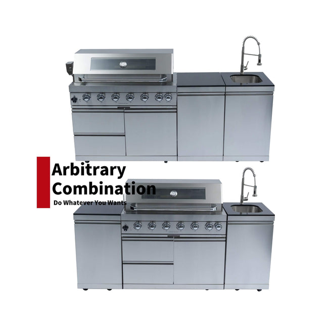 Castelle Flame Tuscany Outdoor BBQ Liquid Propane Kitchen Grill Island With 43-Inch 6-Burner 85K BTU Propane Gas Grill, Rotisserie Kit, And Storage Cabinets (SAK95623) - Outdoor Kitchen Islands | Patioza