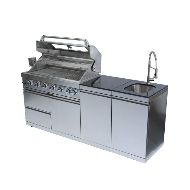 Castelle Flame Tuscany Outdoor BBQ Liquid Propane Kitchen Grill Island With 43-Inch 6-Burner 85K BTU Propane Gas Grill, Rotisserie Kit, And Storage Cabinets (SAK95623) - Outdoor Kitchen Islands | Patioza