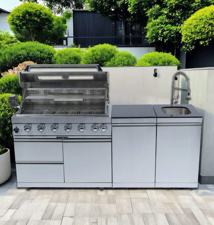 Castelle Flame Tuscany Outdoor BBQ Liquid Propane Kitchen Grill Island With 43-Inch 6-Burner 85K BTU Propane Gas Grill, Rotisserie Kit, And Storage Cabinets (SAK95623) - Outdoor Kitchen Islands | Patioza