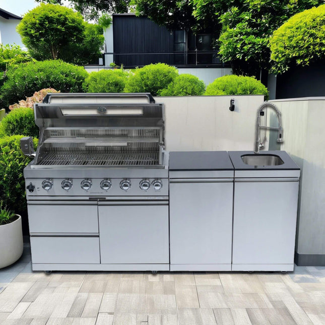 Castelle Flame Tuscany Outdoor BBQ Liquid Propane Kitchen Grill Island With 43-Inch 6-Burner 85K BTU Propane Gas Grill, Rotisserie Kit, And Storage Cabinets (SAK95623) - Outdoor Kitchen Islands | Patioza