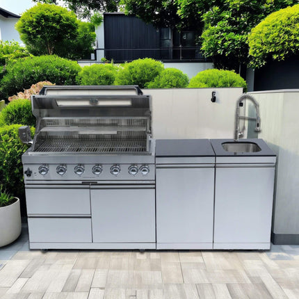 Castelle Flame Tuscany Outdoor BBQ Liquid Propane Kitchen Grill Island With 43-Inch 6-Burner 85K BTU Propane Gas Grill, Rotisserie Kit, And Storage Cabinets (SAK95623) - Outdoor Kitchen Islands | Patioza