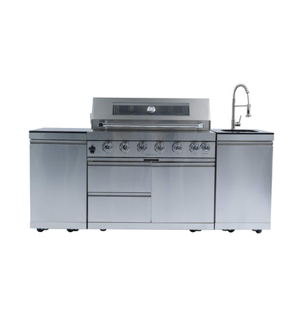 Castelle Flame Tuscany Outdoor BBQ Liquid Propane Kitchen Grill Island With 43-Inch 6-Burner 85K BTU Propane Gas Grill, Rotisserie Kit, And Storage Cabinets (SAK95623) - Outdoor Kitchen Islands | Patioza