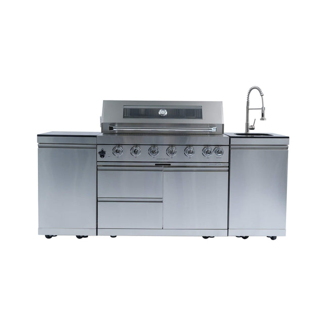 Castelle Flame Tuscany Outdoor BBQ Liquid Propane Kitchen Grill Island With 43-Inch 6-Burner 85K BTU Propane Gas Grill, Rotisserie Kit, And Storage Cabinets (SAK95623) - Outdoor Kitchen Islands | Patioza