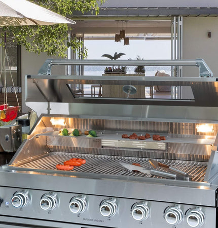 Castelle Flame Tuscany Outdoor BBQ Liquid Propane Kitchen Grill Island With 43-Inch 6-Burner 85K BTU Propane Gas Grill, Rotisserie Kit, And Storage Cabinets (SAK95623) - Outdoor Kitchen Islands | Patioza