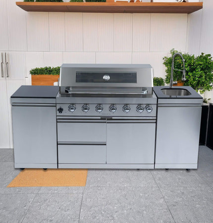 Castelle Flame Tuscany Outdoor BBQ Liquid Propane Kitchen Grill Island With 43-Inch 6-Burner 85K BTU Propane Gas Grill, Rotisserie Kit, And Storage Cabinets (SAK95623) - Outdoor Kitchen Islands | Patioza