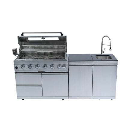 Castelle Flame Tuscany Outdoor BBQ Liquid Propane Kitchen Grill Island With 43-Inch 6-Burner 85K BTU Propane Gas Grill, Rotisserie Kit, And Storage Cabinets (SAK95623) - Outdoor Kitchen Islands | Patioza